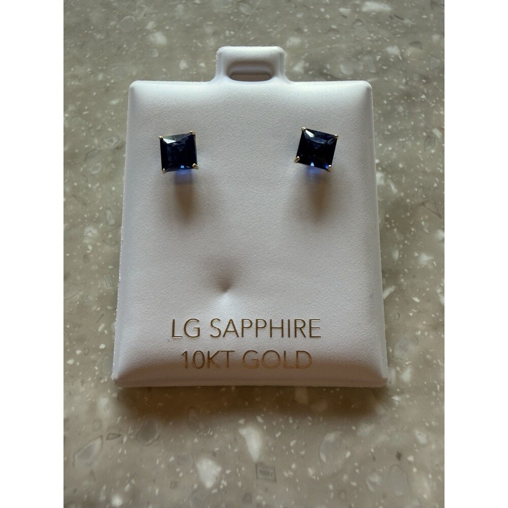 10K Solid Gold Lab Created Sapphire Stud Earrings 5mm Princess Cut Blue Gemstone